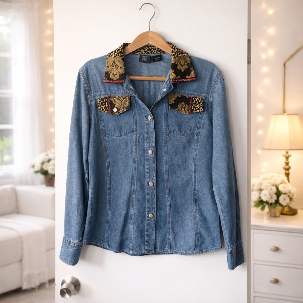 ✨CBK Style Denim Button Up Blouse with Tortoise Collar Detail Size M